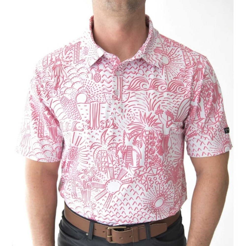 YATTA GOLF Hawaiian Pink White Tropical Hula Golf‎ Polo Shirt Large New